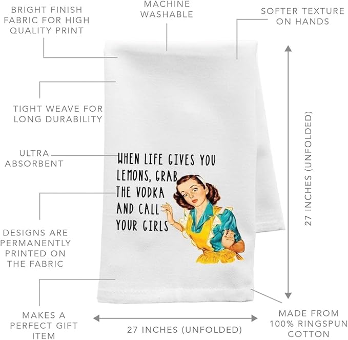 Andaz Press Funny Retro Kitchen Towel, Flour Sack Tea Towel, When Life Gives You Lemons, Grab The Vodka and Call Your Girls Funny Birthday for Daughter Sister Friend Women, Gag Gift