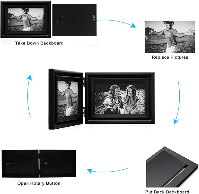 Vertical & Horizontal 4X6 Picture Frames Double Hinged Wood Folding Photo Frames with Real Glass Front Fit for Desktop or Tabletop, Black XHEI-V46-H64
