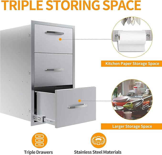 Outdoor Kitchen Drawers Stainless Steel 17W X 30H X 21D Inch, Flush Mount Triple BBQ Island Drawers with Handle for Outdoor Kitchens, Patio or Grill Station
