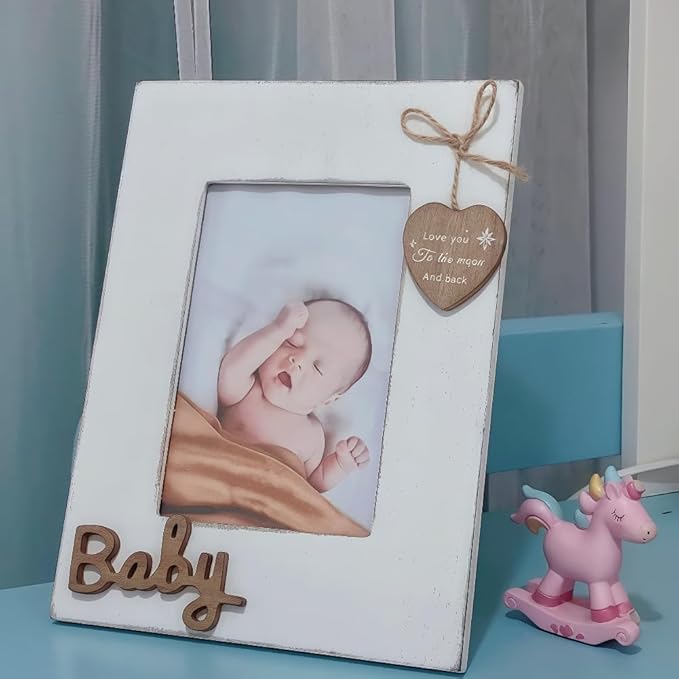 Baby Picture Frame 4x6 White Vertical Holds A Woven Heart Saying Love You to The Moon and Back,Gift for Baby Birthday and Newborn