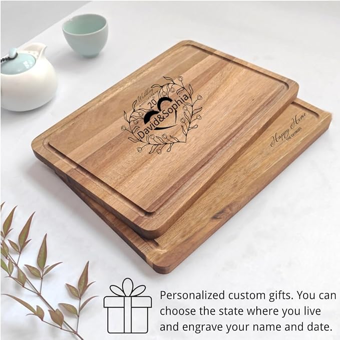 Personalized state-shaped and named date platters, carved wooden cutting boards, custom cheese boards as Mother's Day, wedding, housewarming gifts (Acacia decurrens M13.6X10.5X0.5in)