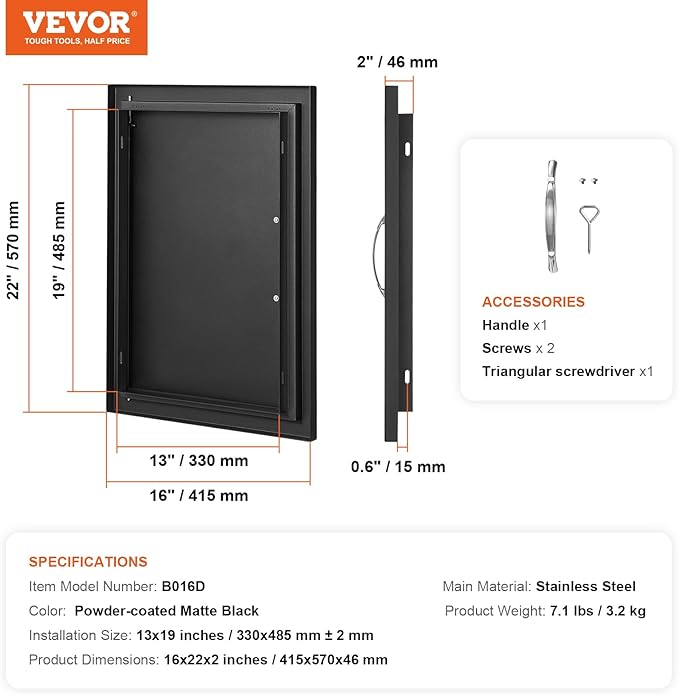 VEVOR Outdoor Kitchen Door - 16W x 22H Inch, Flush Mount, Vertical Wall Door with Handle, for BBQ Island and Grilling Station