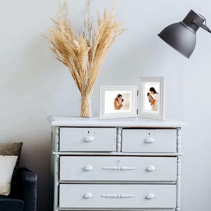 5X7 Double Wooden Hinged Picture Frame Horizontal and Vertical in White, Display 4x6 with Mat or 5x7 without Mat, Folding Photo Frame with Real Glass Front for Tabletop X2-BAI-HS57