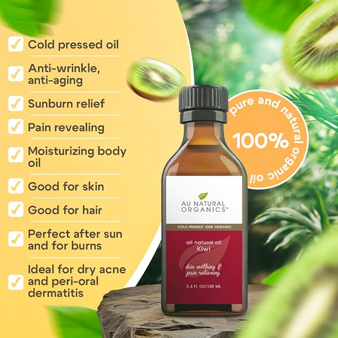Au Natural Organics Kiwi Seed Oil for Face, Skin, Hair, Scalp, Lip & Nails Care | Cold Pressed Skin Moisturizer Oil, Reduce Wrinkles, Large Pores, Acne, Dark Spots & Other Skin Blemishes 3.4 oz