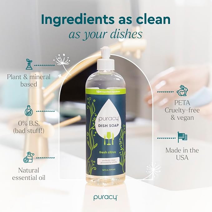 Puracy Natural Dish Soap - Skin-Softening Plant-Based Dishwashing Soap, Non-Toxic Dish Soap, Organic Liquid Dishwashing Detergent Soap (Fresh Citrus, 16 fl oz)
