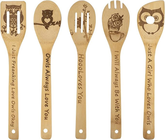 5PCS Owl Wooden Cooking Spoons,Owl Gifts,Owl Kitchen Gifts,Owl Gift,Cat Mom Gifts,Owl Decor,Owl Gifts for Owl Lovers,Owl Gifts for Women,Bamboo Cooking Spoons Housewarming Wedding Cooking