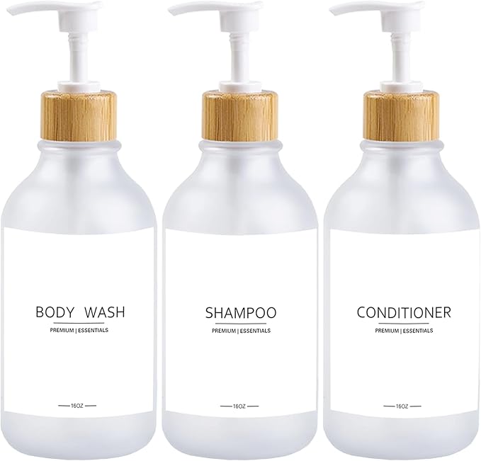 Frosted Plastic Shampoo and Conditioner Bottles, Apothecary Dispenser Bamboo Pump, Refillable Bottles for Shower Lotion, Oil, Hand Soap, Sanitizer, Liquid Soap, Set of 3 with 9 Labels (3, Matte Clear)
