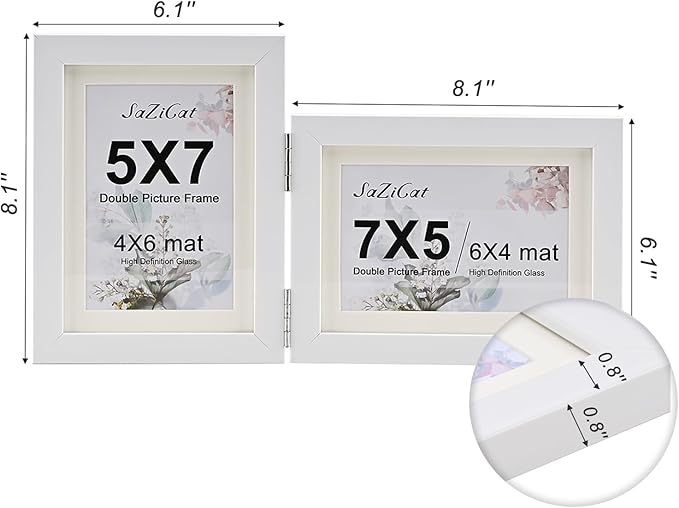 Double Hinged 5x7 Picture Frame with Tempered Glass-Tabletop or Wall Mounted, Display for 4x6 & 5x7 Photos (with/without Mat)-Matte White, For Family Photos & Wedding Memories-B5775