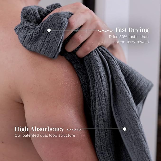 LUXOME Luxury Performance 2-Piece Bath Towel Set | Dual-Loop Design | Ultra Soft | Highly Absorbent | Quick Drying | Fossil (Charcoal)