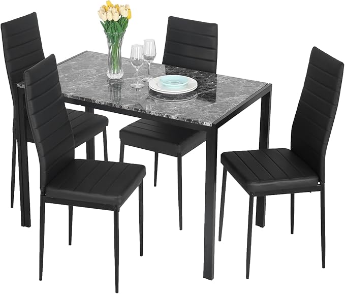 FDW Dining Table Set Dining Room Table Set for Small Spaces Kitchen Table and Chairs for 4 Table with Chairs Home Furniture Rectangular Modern (Black Marble)