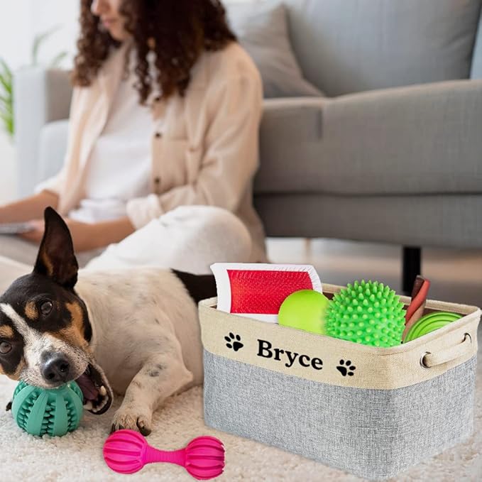 Custom Dog Cat Toy Storage Basket with Pet's Name Sturdy Foldable Collapsible Storage Bin Box with Handles for Organizing Pet Stuffs, Toys, Clothes,( Grey and White), 15" x 9.8" x 9"