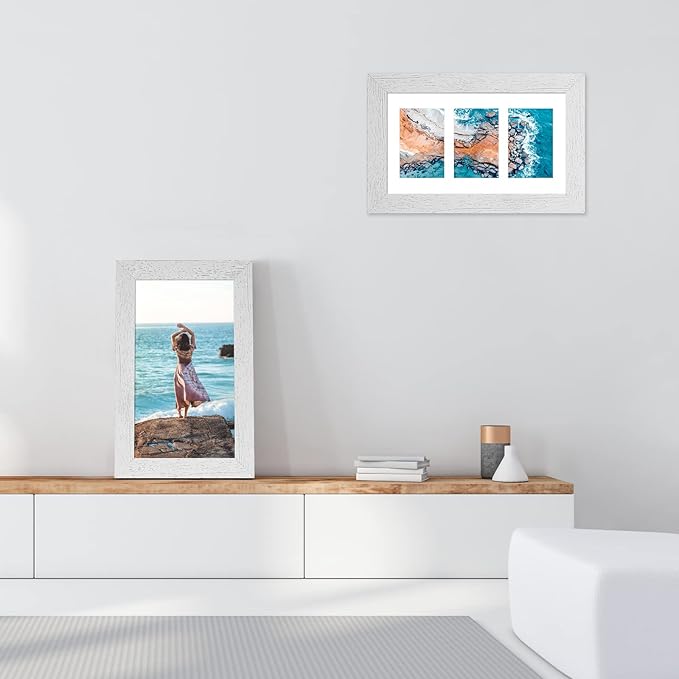 8x14 Picture Frame Display 3 opening 4X6 Picture Frame Collage,Multi Photo Frame with Mat,Plexiglass,Wall Hanging Decor,Distressed White Wood Grain