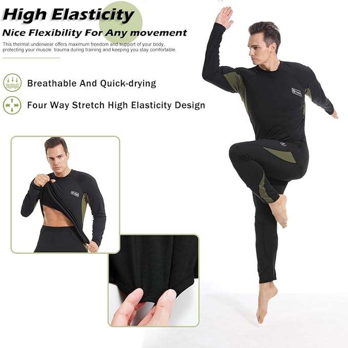 Men’s Thermal Underwear Set, Winter Fleece Lined Sport Long Johns Base Layer Quick Drying Thermo for Hunting Skiing