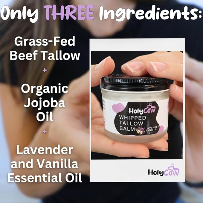 HolyCow Beef Tallow For Skin - Whipped Tallow Balm with Organic Jojoba Oil, Grass Fed Beef Tallow Face Moisturizer for Eczema, Baby, Lip Balm - Lotion For Extremely Dry Skin (Lavender Vanilla)