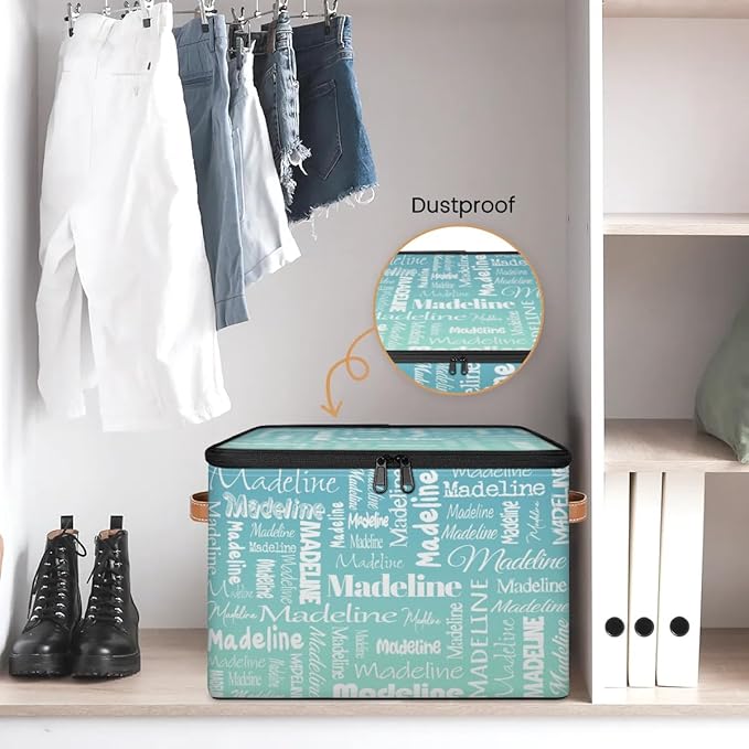 Custom Storage Basket with Name, Personalized Keepsake Box with Zipper Lid, Foldable Fabric Memory Bin Large capacity with Handle Grey Blue Green