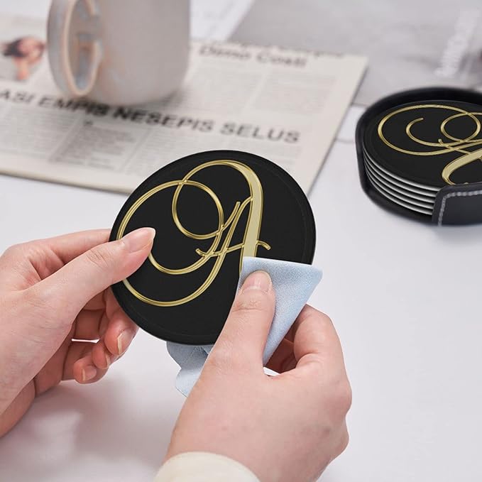 Famame 6 Pcs Shiny Letter A Gold Print Leather Coasters for Drinks with Holder Coaster Sets Drink Table Cup Coasters for Living Room Kitchen Coffee Decor