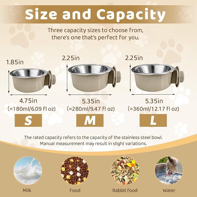 2Pcs Pets Lightweight Stainless Steel Bowl,Removable Stainless Steel Pet Hanging Food Water Feeder Bowl for Puppy Dog Cat Rabbit Ferret Bird Gunea Pigs (Gray-Large)