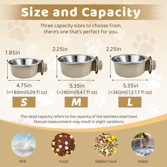 2Pcs Pets Lightweight Stainless Steel Bowl,Removable Stainless Steel Pet Hanging Food Water Feeder Bowl for Puppy Dog Cat Rabbit Ferret Bird Gunea Pigs (Gray-Medium)