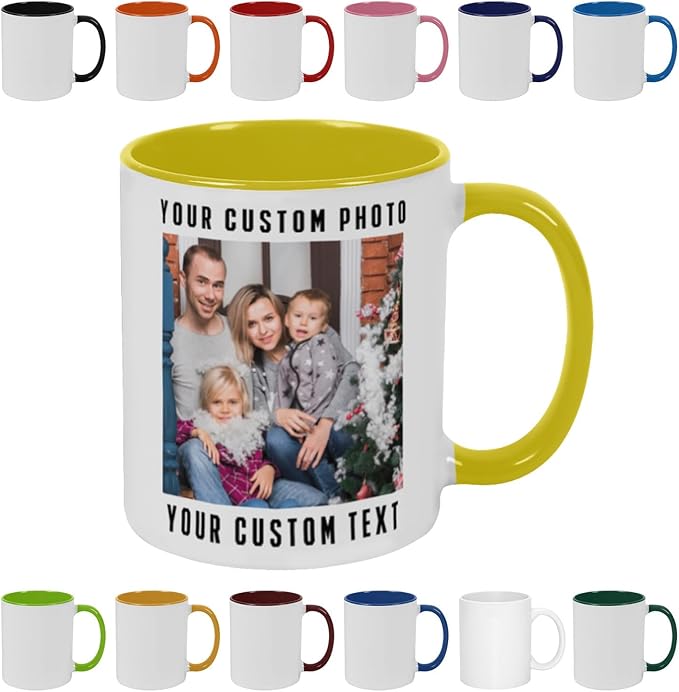 Personalized Coffee Mug with Photo, Logo or Text - Customized Gift Idea for Men & Women, Mom, Dad, Friends - Christmas Birthday Valentines Gifts, Party Favors Tea Cup - White/Golden Yellow