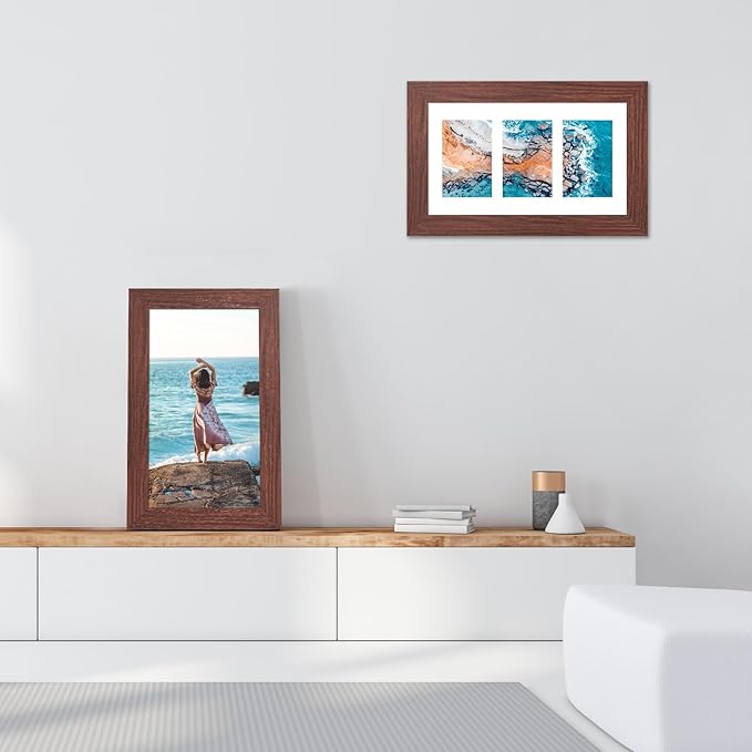 8x14 Picture Frame Display 3 opening 4X6 Picture Frame Collage,Multi Photo Frame with Mat,Plexiglass,Wall Hanging Decor,Walnut Wood Grain