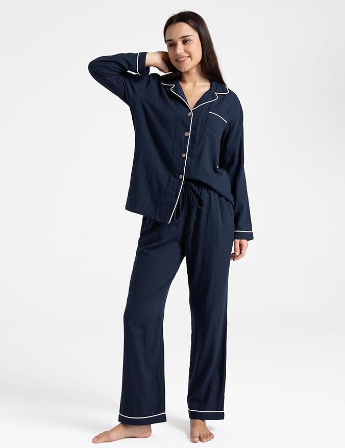 Womens Pajama Sets 100% Double Gauze Cotton Linen Like Muslin Pajamas Long Sleeve Button Down Sleepwear Soft Pjs Lounge Set