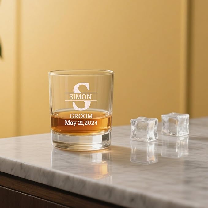 Personalized Groomsmen Gifts, Whiskey Glass 10 oz, Best Man Gift Custom Wedding Party Barware, Old Fashion Cup for Brandy Whiskey Beer for Men, Rocks Glasses for Dad, Husband (Style A)