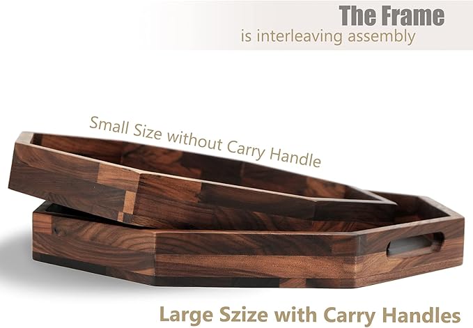 Set of 2 Large Octagonal Black Walnut Wood Ottoman Tray with Handles, Serve Tea, Coffee, Classic Wooden Circular Decorative Serving Tray, 14 &12 inches