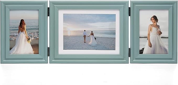 3 Vertical Horizontal 4X6 and 5X7 Picture Frames Hinged Wood Folding Photo Frames with Real Glass Front Fit for Desktop or Tabletop, Teal Blue XLAN-V46H75V46