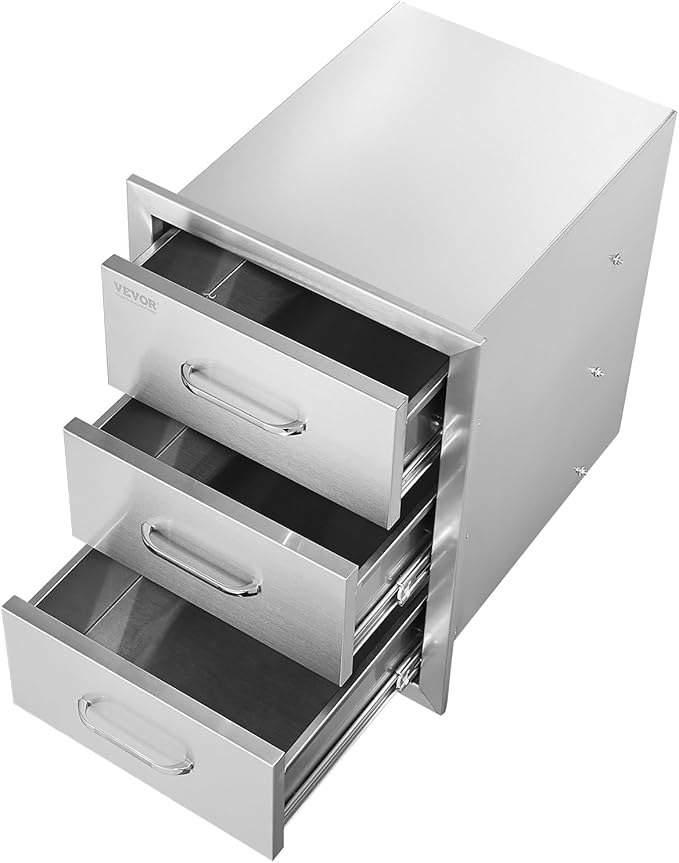 VEVOR Outdoor Kitchen Drawer 16" W x 21.5" H x 18" D, Outdoor Kitchen Cabinets, BBQ Drawer Stainless Steel, Flush Mount Triple Access, with Handle, BBQ Island, Outdoor Grill Patio Grill Station