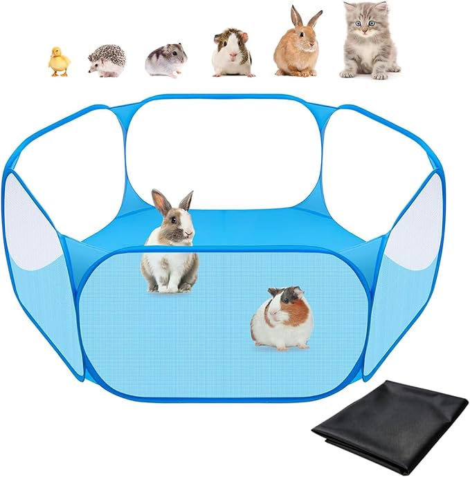 Amakunft 2 in 1 Small Animal Playpen with Waterproof Pad, Pop-Up Portable Play Yard for Guinea Pigs, Rabbits, Hamsters, Hedgehogs, Foldable Exercise Fence with Breathable Mesh for Indoor Outdoor Use