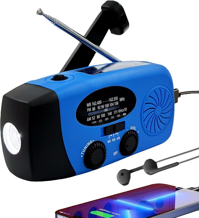 Solar Emergency Hand Crank Weather Radio, Portable Self Powered NOAA AM/FM Radios with SOS Alarm LED Flashlight 5000mAh Smart Phone USB Charger for Camping (Blue)