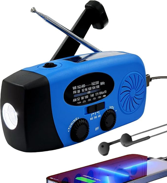 Solar Emergency Hand Crank Weather Radio, Portable Self Powered NOAA AM/FM Radios with SOS Alarm LED Flashlight 5000mAh Smart Phone USB Charger for Camping (Blue)