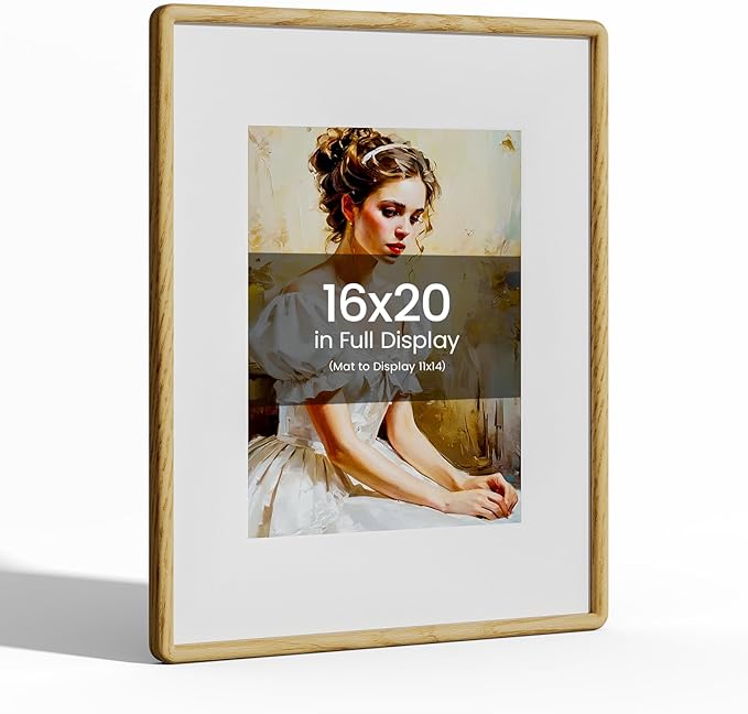 16x20 Picture Frame Natural Oak Wood From California-USA with Real Tempered Glass, Handcrafted 16 x 20 Poster Frame Matted to 11x14 Photo,Certificate,Degree,Graduation Picture Display Wall Decor