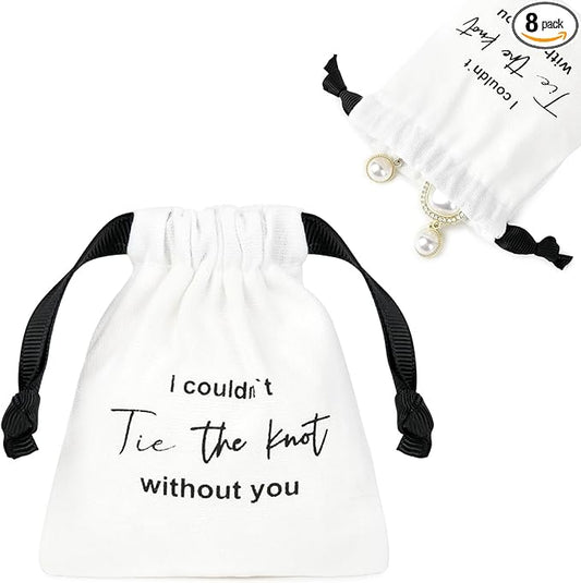 CEELGON 8 Pcs Drawstring Jewelry Pouch Bridesmaid Gift Bags Linen Cotton Fabric Wedding Bridal Party Favor Bags Bachelorette Tie The Knot Earring Packaging Proposal Gift (White)