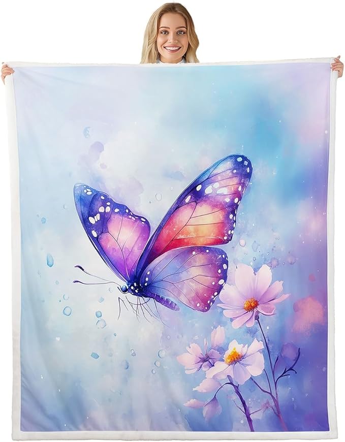 Feelyou Blue Butterfly Fleece Throw Blanket 40"x50" Kids Girls Sherpa Blanket Plush Fuzzy for Bed Couch Chair Living Room, Floral Flower Bed Blanket Cute Watercolor Room Decor