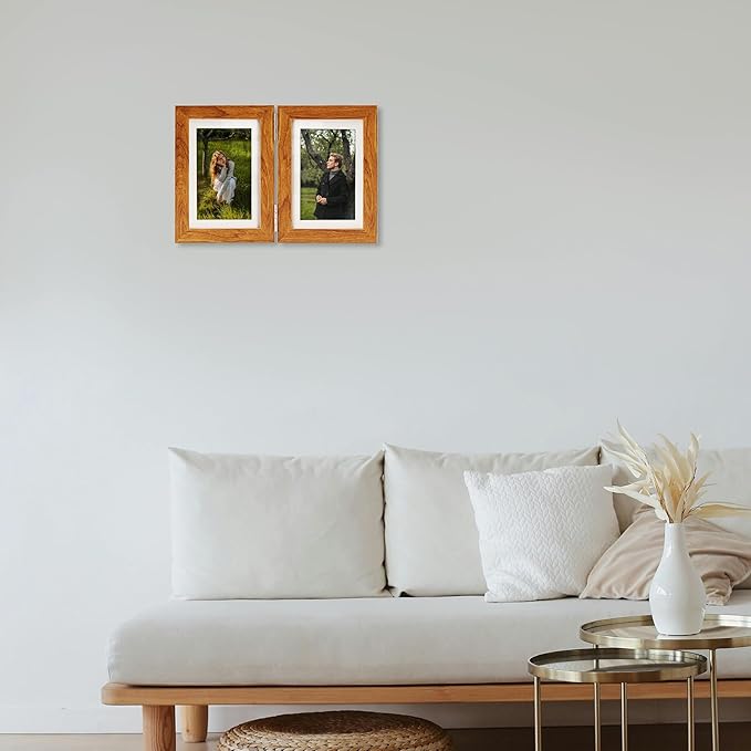 Double Hinged 4X6 Picture Frame with Real Glass-Tabletop or Wall Mounted, Display for 3X5 & 4X6 Photos (with/without Mat)-Rustic Brown, For Family Photos & Wedding Memories-Z46X2