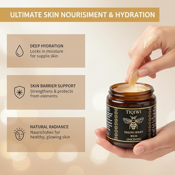 Organic Beef Tallow for Skin & Face | Tallow and Honey Balm - Deep Hydration, Multi-Purpose Face Moisturizer, Restores Barrier