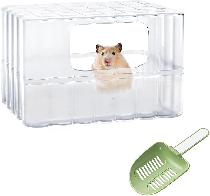 mini&moe Hamster Sand Bath Container - Small Animal Bathroom Shower Room & Corner Digging Box Toilet with Cleaning Scoop Rat Dust Bath House for Guinea Pig, Hedgehog, Squirrel