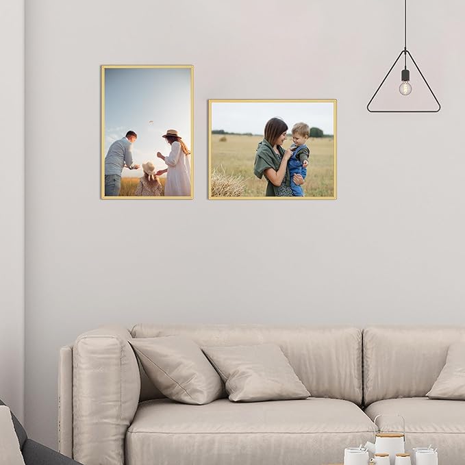8.5x11 Picture Frame Matte Gold Modern Simple Thin Aluminum Metal Certificate Document Photo Frame with HD Real Glass, Display for Tabletop and Wall Collage. (2 Pack)