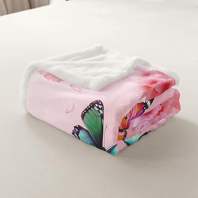 Feelyou Girls Butterfly Fleece Throw Blanket Throw 50"x60" Kids Cherry Blossom Sherpa Blanket Plush Fuzzy for Bed Couch Chair Living Room, Chic Gorgeous Bed Blanket Room Decor