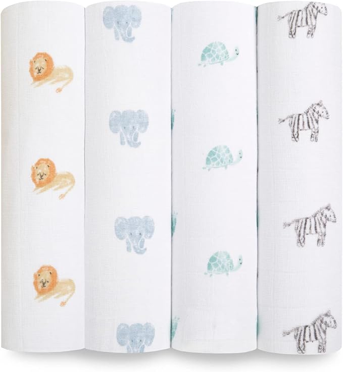 aden + anais Boutique Organic Swaddle Blanket 4-Pack – 100% Organic Cotton Muslin, Large, Soft, Breathable Receiving Blankets for Infants – Lightweight Multi-Use Baby Swaddles, Animal Kingdom