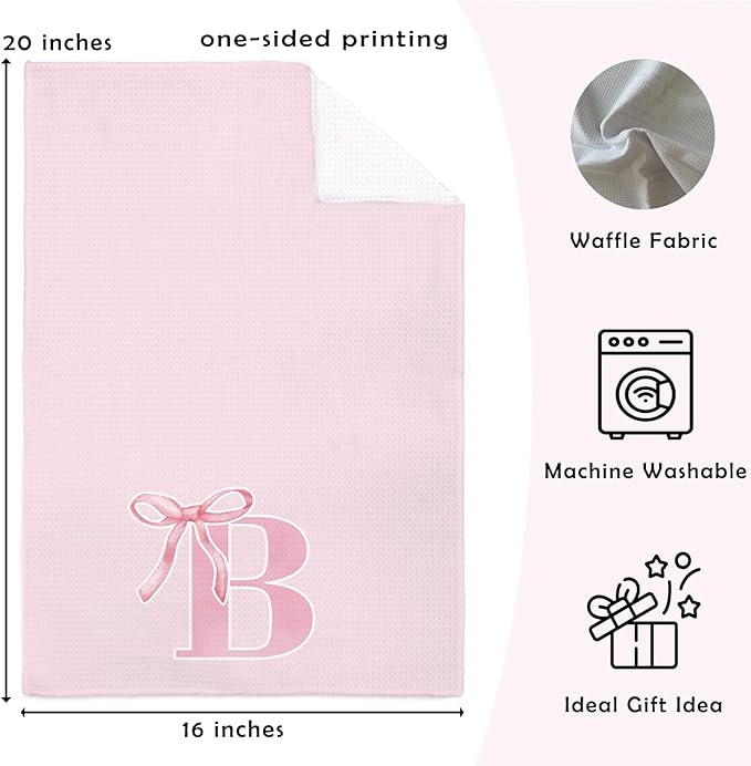 Monogrammed Initial B Hand Towels for Bathroom, Personalized Gifts for Women Girls Birthday Christmas, Coquette Preppy Pink Bows Waffle Kitchen Dish Tea Towels with Initial, 16x24 Inch