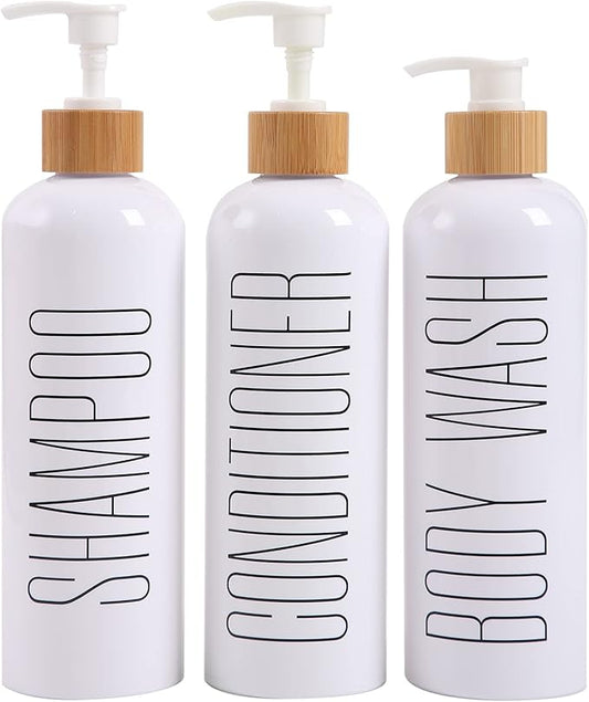 HOMCDALY Shampoo and Conditioner Dispenser, 16oz 3-Pack Refillable Shampoo and Conditioner Bottles, Empty Shampoo Bottles Refillable with Bamboo Pump, Bathroom Shower Shampoo Dispenser Set