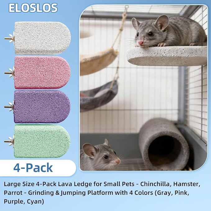 4PCS Lava Ledge for Chinchilla/Hamster/Parrot, Gray&Pink&Purple&Green(L) | For Small Pets, Grinding Claws & Jumping, Safe Natural Volcanic Rock, Reduces Random Chewing
