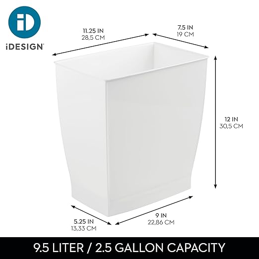 iDesign Small Plastic Bathroom Trash Can, Slim Rectangle Garbage Bin for Bedroom, Office, Dorm, 2-Pack, White