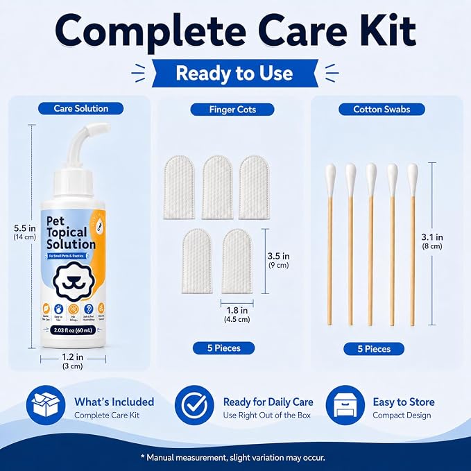 Rabbit Ear & Skin Care Solution with Soft Applicator, 2.03 fl oz | Oat & honey formula with finger wipes and cotton swabs for rabbits, guinea pigs, hamsters & chinchillas