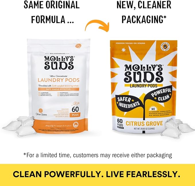 Molly's Suds Laundry Detergent Pods | Clean Detergent for Sensitive Skin | Ultra Concentrated and Stain Fighting | Citrus Grove - 60 Count