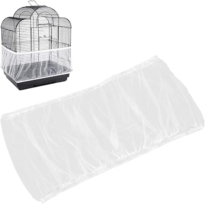 Universal Bird Cage Seed Catcher,Seed Catcher Guard Net Cover,Parrot Nylon Mesh Net Cover,Soft Airy Cage Net Stretchy Skirt for Round Square Cages (Circumference 74 inch to 118 inch，White)