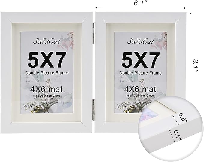 Double Hinged 5x7 Picture Frame with Tempered Glass-Tabletop or Wall Mounted, Display for 4x6 & 5x7 Photos (with/without Mat)-Matte White, For Family Photos & Wedding Memories-B57X2