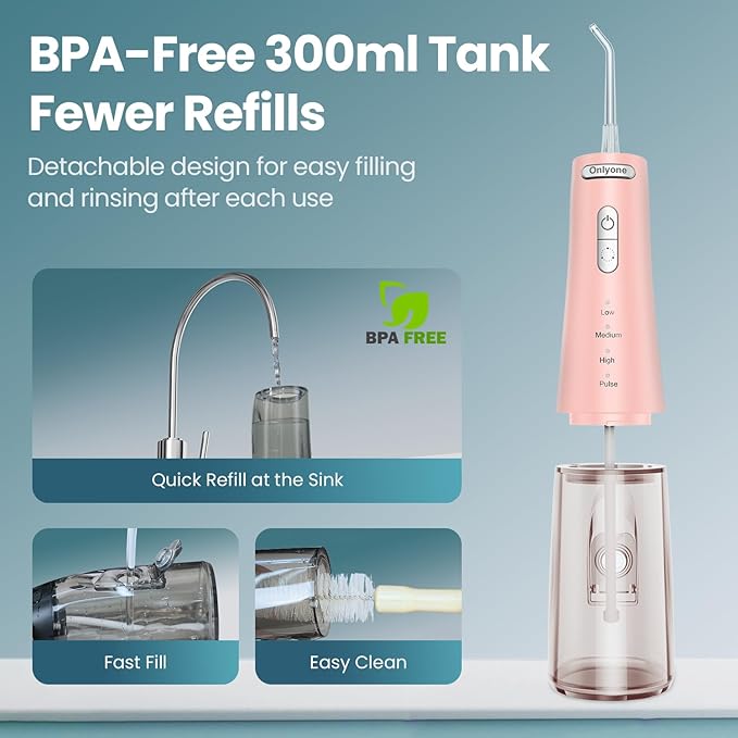 Onlyone Water Dental Flosser Pick for Teeth, 300ML Portable Oral Irrigator, Rechargeable Travel Irrigation Cleaner, Professional Electric Flossing Machine Birthday Gifts for Women,Mom,Girlfriend Pink